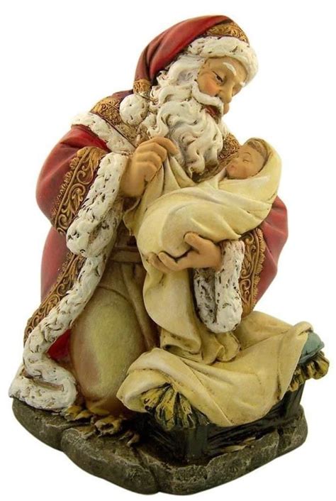 Adoring Kneeling Santa Holding Infant Jesus Painted Resin Christmas