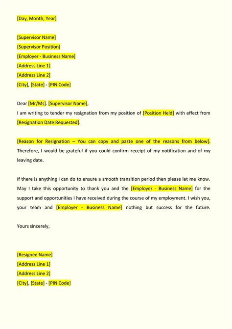Sample Letter Format Of Resignation To