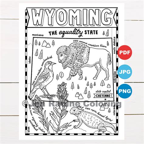 Wyoming Coloring Page United States State Map Wildlife Etsy