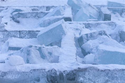 Closeup View Of Destroyed Ice Brick Wall Background Ice Block Stock