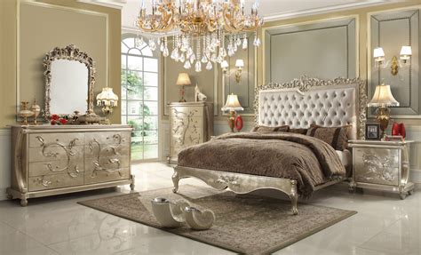 Exaggerated tall headboard with swarovski crystals, big glass wall and chandelier exclusive small contemporary bedroom via. Elegant Beige Bedroom Set | Houston Mattress King