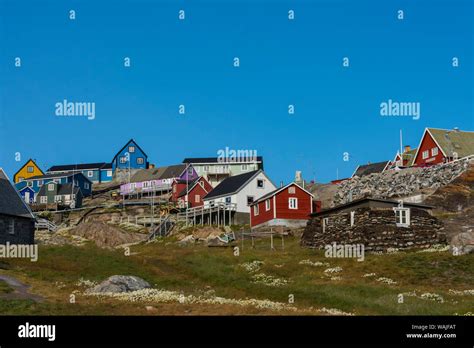 Greenland Uummannaq Colorful Houses Dot The Rocky Landscape Stock