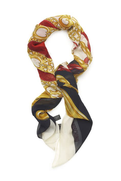 Moschino Foulard Large Silk Scarf In Red Gold Blue And Cream With
