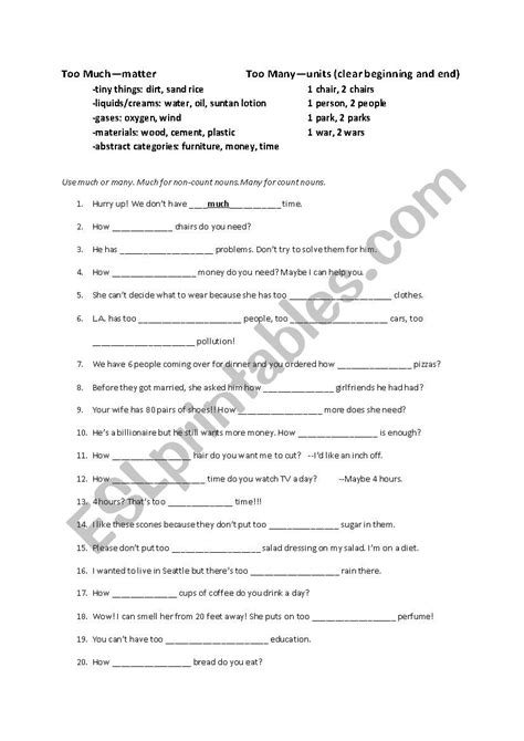 Too Much Or Too Many Esl Worksheet By Batticus1