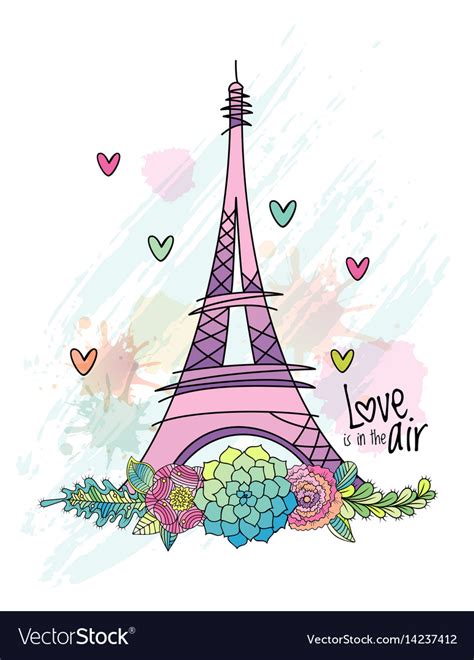 Hand Drawn Flower Love Card Eiffel Tower Vector Image