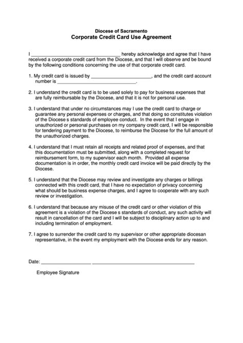 Corporate Credit Card Use Agreement Diocese Of Sacramento Printable