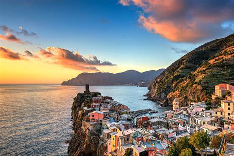 Italy Houses Coast Mountains Sky Clouds Vernazza Cities