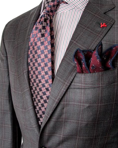 Isaia Grey With Burgundy Windowpane Suit Apparel Mens Mens