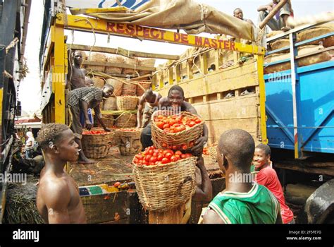 Young Men Offloading Tomatoes Coming From Northern Nigeria Into Lagos