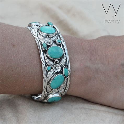 turquoise silver cuff bracelet 925 sterling genuine stones vy jewelry