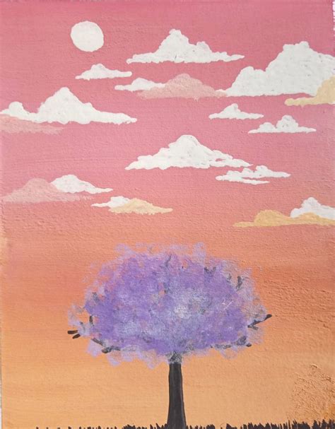 A Painting Of A Purple Tree With Clouds In The Sky Above It And An