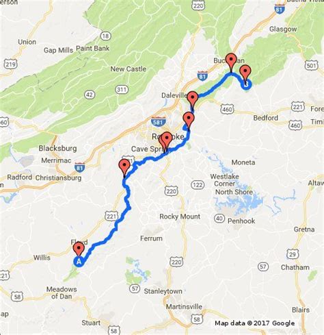 Map Of Entry And Exit Points For The Blue Ridge Parkway In The Roanoke