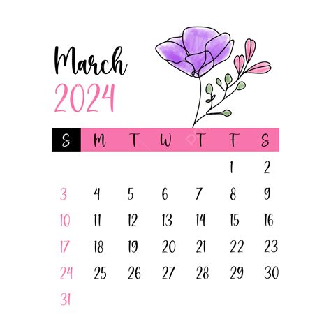 March 2024 Floral Monthly Calendar Vector March Floral Calendar March