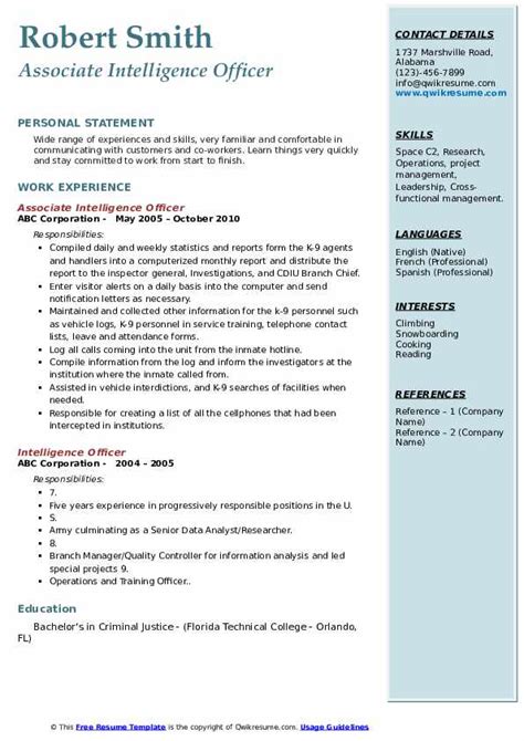 Our goal is to help the job seekers to create professional resume that get more job opportunities and successfully build their career. Intelligence Officer Resume Samples | QwikResume