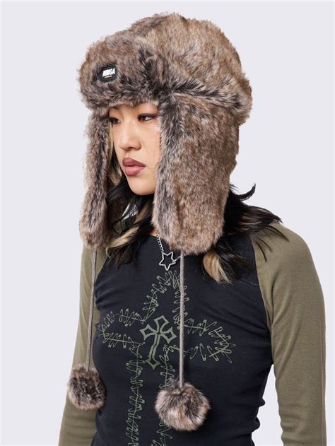 Faux Fur Trapper Hat In Brown Minga Rubber Logo Detail Ear Flaps Turn