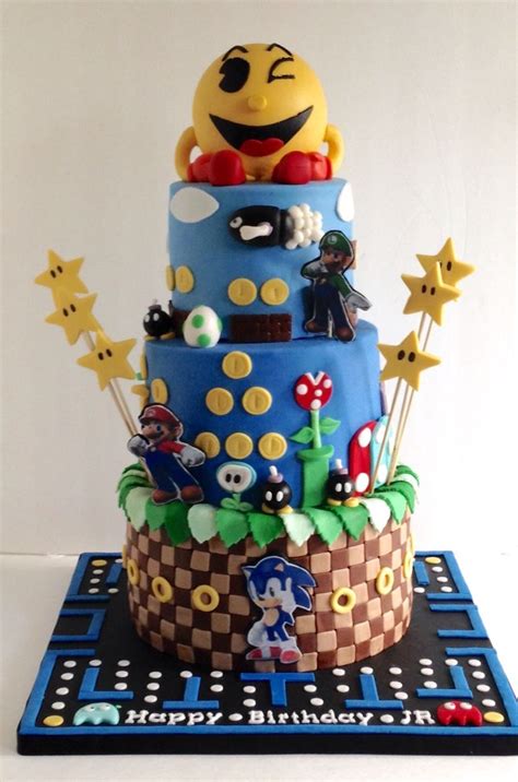 Instant download mario sonic printable birthday party for decorations centerpiece, banner, wall decor & iron on transfer tshirt. Arcade themed cake featuring Pacman, Mario Bros & Sonic ...