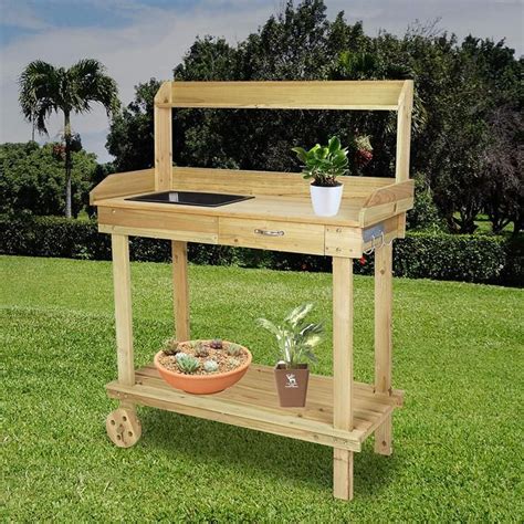 Wood Potting Bench Work Station Table With Tabletop Removable Sink