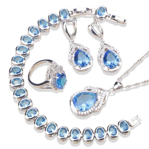 Conjunto De Joias De Prata Com ZircÔnia Azul Oliveri