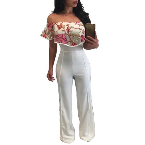 sexy embroidered off the shoulder jumpsuits short sleeve high waist wide leg long bodysuit party