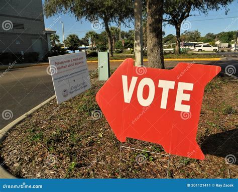 Red Vote Sign Outside Polling Place Election Day November 2020