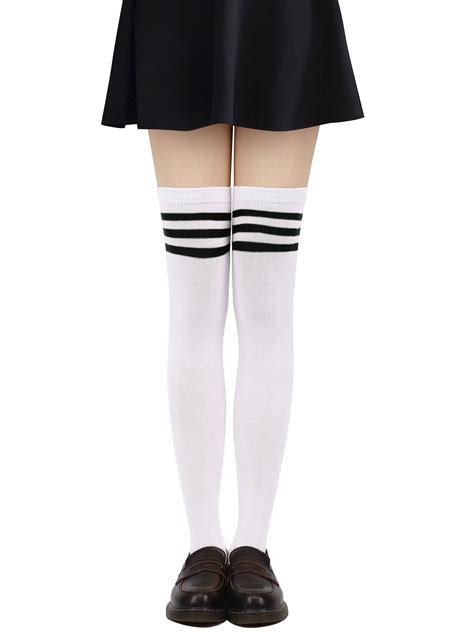 tube socks women s retro striped trim long knee high socks wh black strap