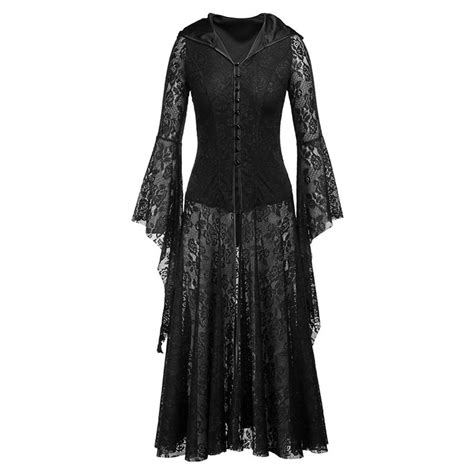Gothic Vintage Medieval Irregular Floral Lace Black Hooded Maxi Dress