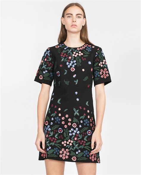 Zara Black Dress With Embroidered Flowers Zara Black Long Sleeve