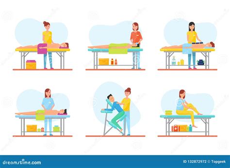Tratamento Da Massagem Dos Clientes No Vetor Do Grupo Das Tabelas Ilustração Do Vetor