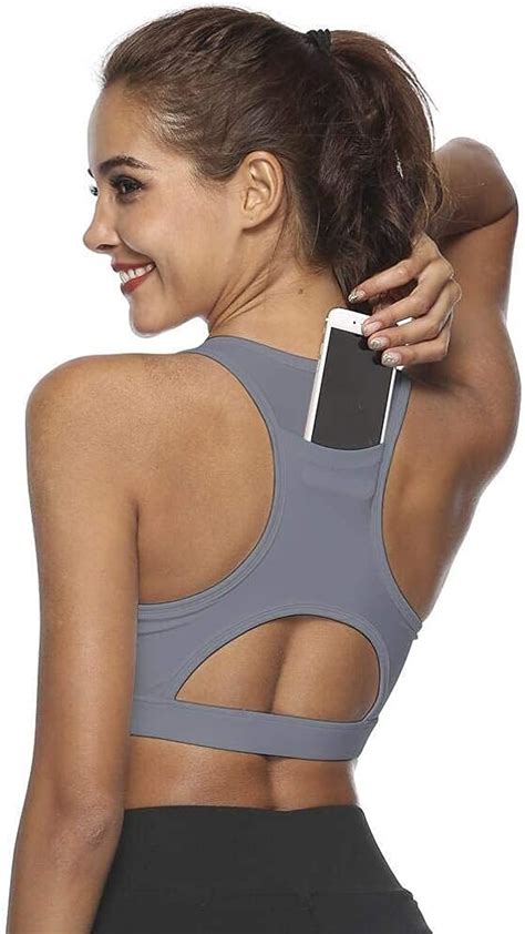 women sports bra phone pocket racerback full coverage shock proof seamless bra running phone