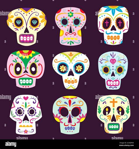 Mexican Skull Set Cute Colorful Sugar Skulls In Cartoon Style Vector