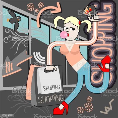 Clip Art Print Funny Cartoon Character Shopaholic Girl With Purchases Pop Art Style Stok Vektör