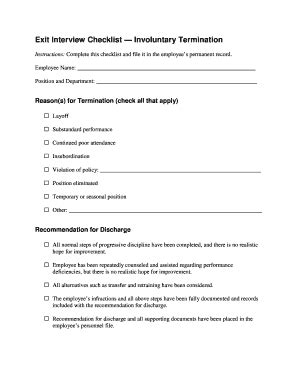 Fillable Online Exit Interview Checklist Involuntary Termination Fax