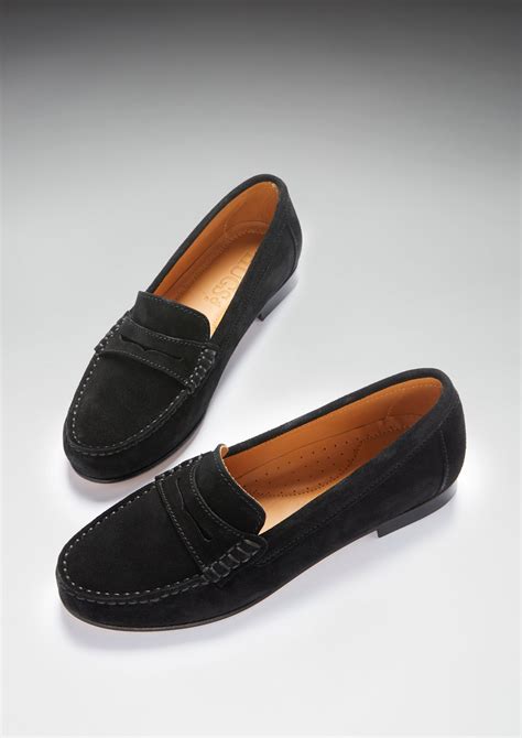women s penny loafers leather sole black suede hugs and co