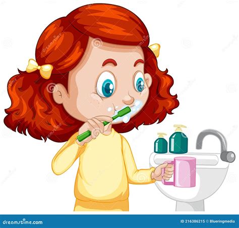 A Girl Cartoon Character Brushing Teeth With Water Sink Stock Vector