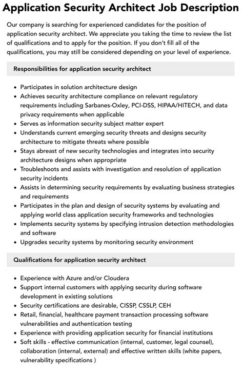 Application Security Architect Job Description Velvet Jobs