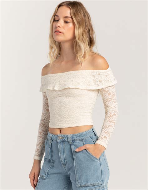 Rsq Lace Off The Shoulder Womens Long Sleeve Top Ivory Tillys