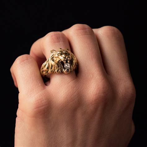 19th Century Diamond 18 Karat Yellow Gold Lion Mens Ring