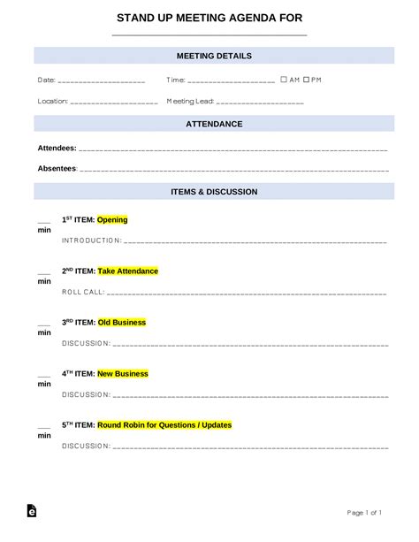 Free Stand Up Meeting Agenda Template Sample Pdf Word Eforms