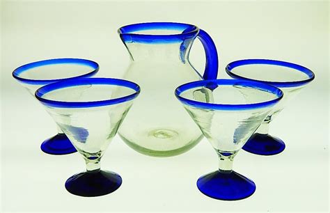 Mexican Margarita Martini Glasses And Pitcher Blue Rim 15oz Set Of 4 Glasses