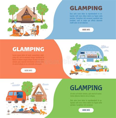 Vacation In Glamping Flyers Or Banners Bundle Flat Vector Illustration