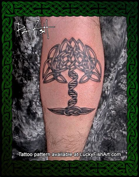A Tattoo On The Leg Of A Man With An Intricate Celtic Tree Of Life Design
