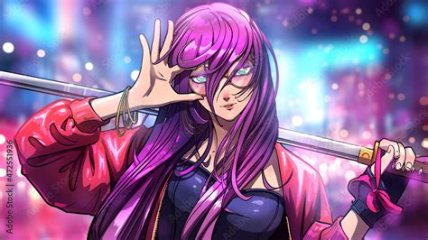 Mature Elegant Woman With Purple Hair Drawn In Anime Style She Is A Fighter With A Katana In