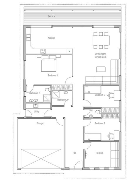 The house plan's layout includes: Modern House Plan to narrow lot, three bedrooms, vaulted ...