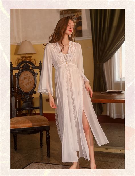 Women Hot Nighties High Split Sheer Mesh Lace Night Dresses And Robe Sleepwear Set Gr2291 Buy