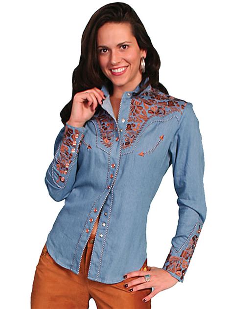 Scully Gunfighter Long Sleeve Snap Front Western Shirt Blue With Copper Roses Ladies Retro