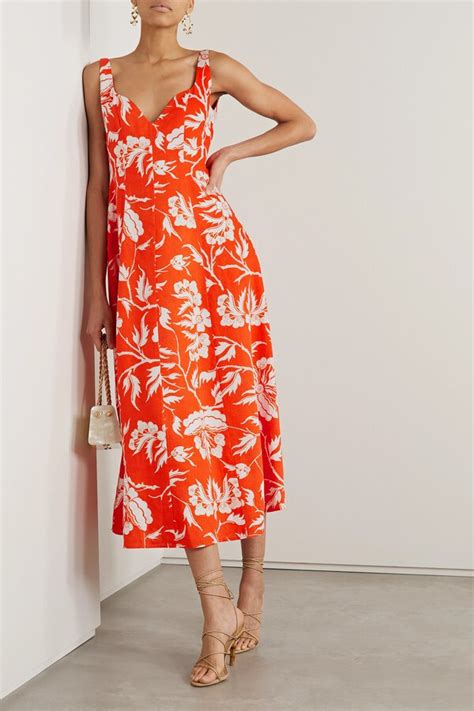Mara Hoffman Perdita Floral Print Hemp Midi Dress Orange Editorialist