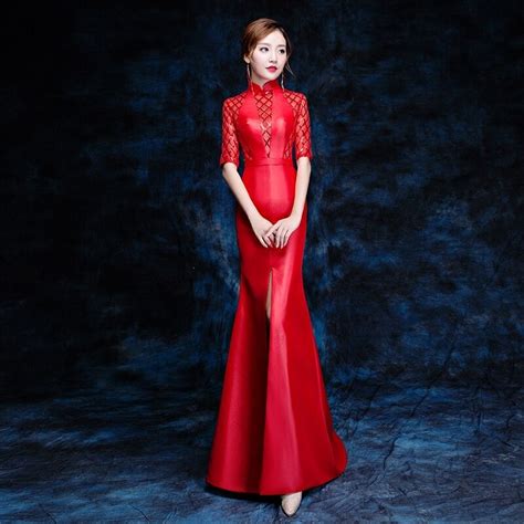 2018 Red Cheongsam Sexy Qipao Women Traditional Chinese Dress Vestido