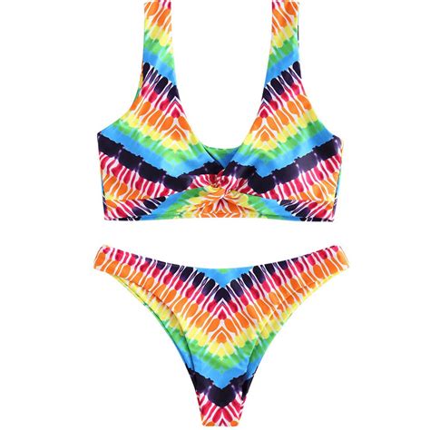 Sexy Push Up Striped Bikinis Women Beach Swimwear Low Waist Halter Bikini Set Rainbow Color