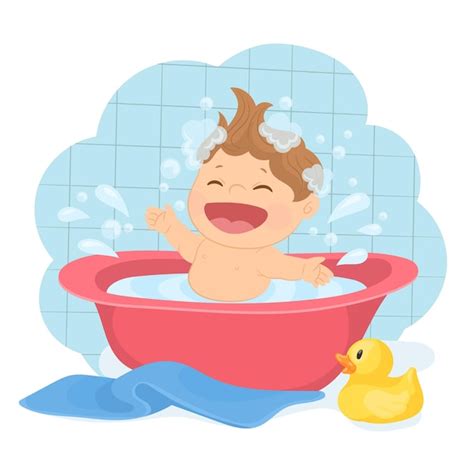 Premium Vector Happy Laughing Baby Taking A Bath Playing With Foam