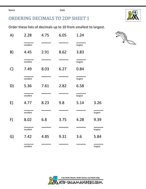 Printable worksheets with 10 questions in pdf format. Math Worksheets 4th Grade Ordering Decimals to 2dp